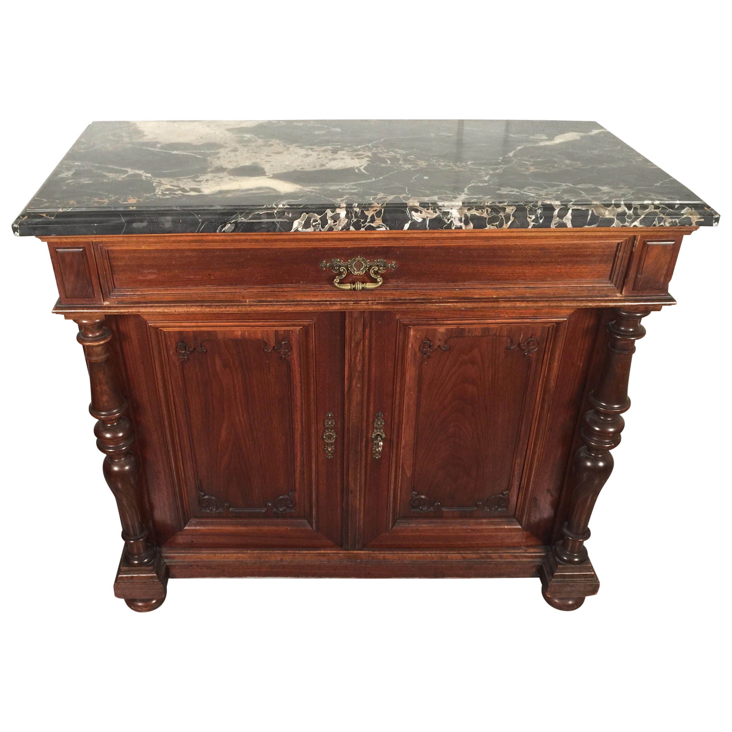 European Walnut Carved Marble-Top, Two-Drawer, Two-Door Cabinet, Bar, circa 1900