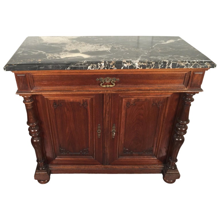 European Walnut Carved MarbleTop, TwoDrawer, TwoDoor Bar