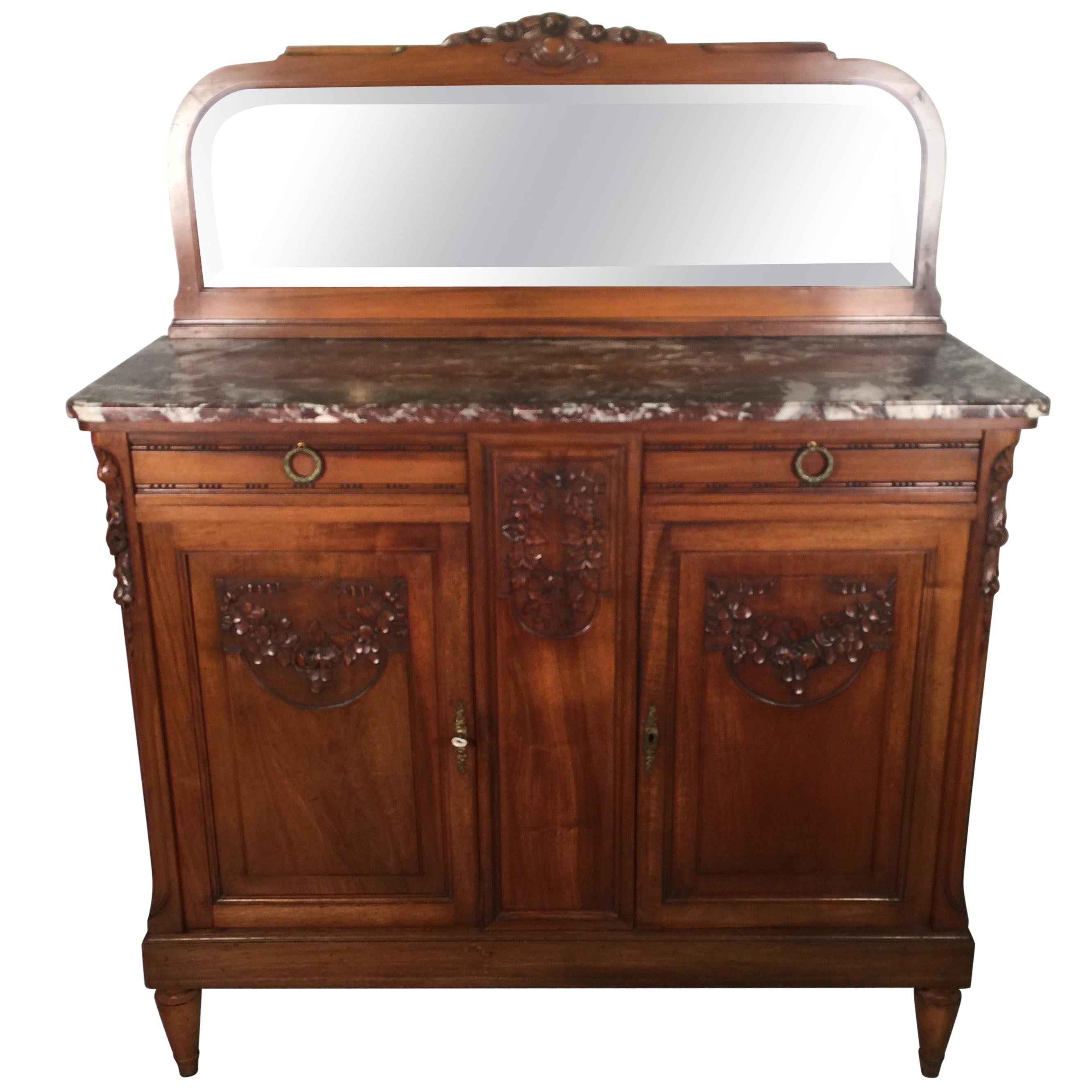 French Carved Walnut Two-Door Marble-Top Server with Mirrored Back