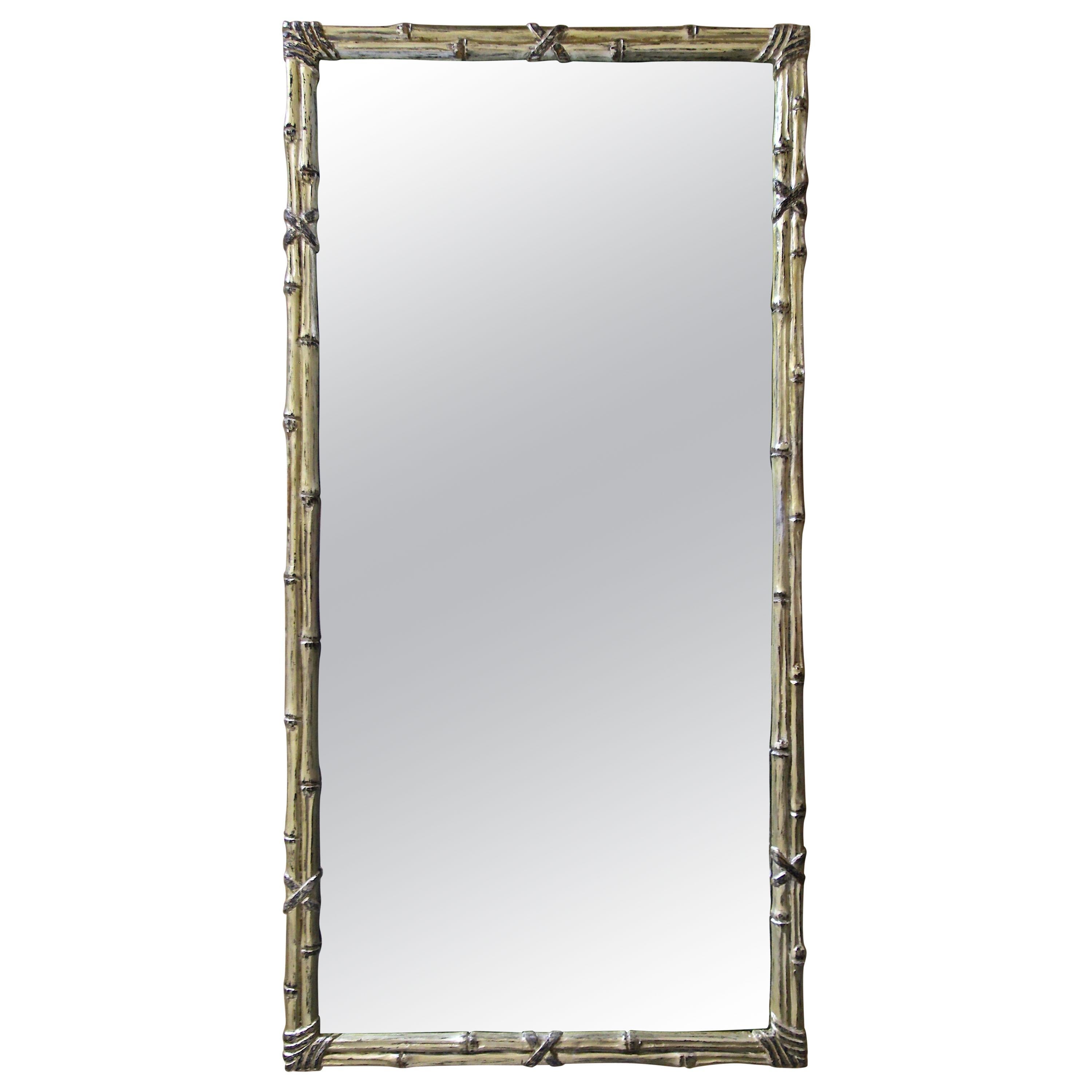 Italian Carved Silver Giltwood Faux Bamboo Wall Mirror