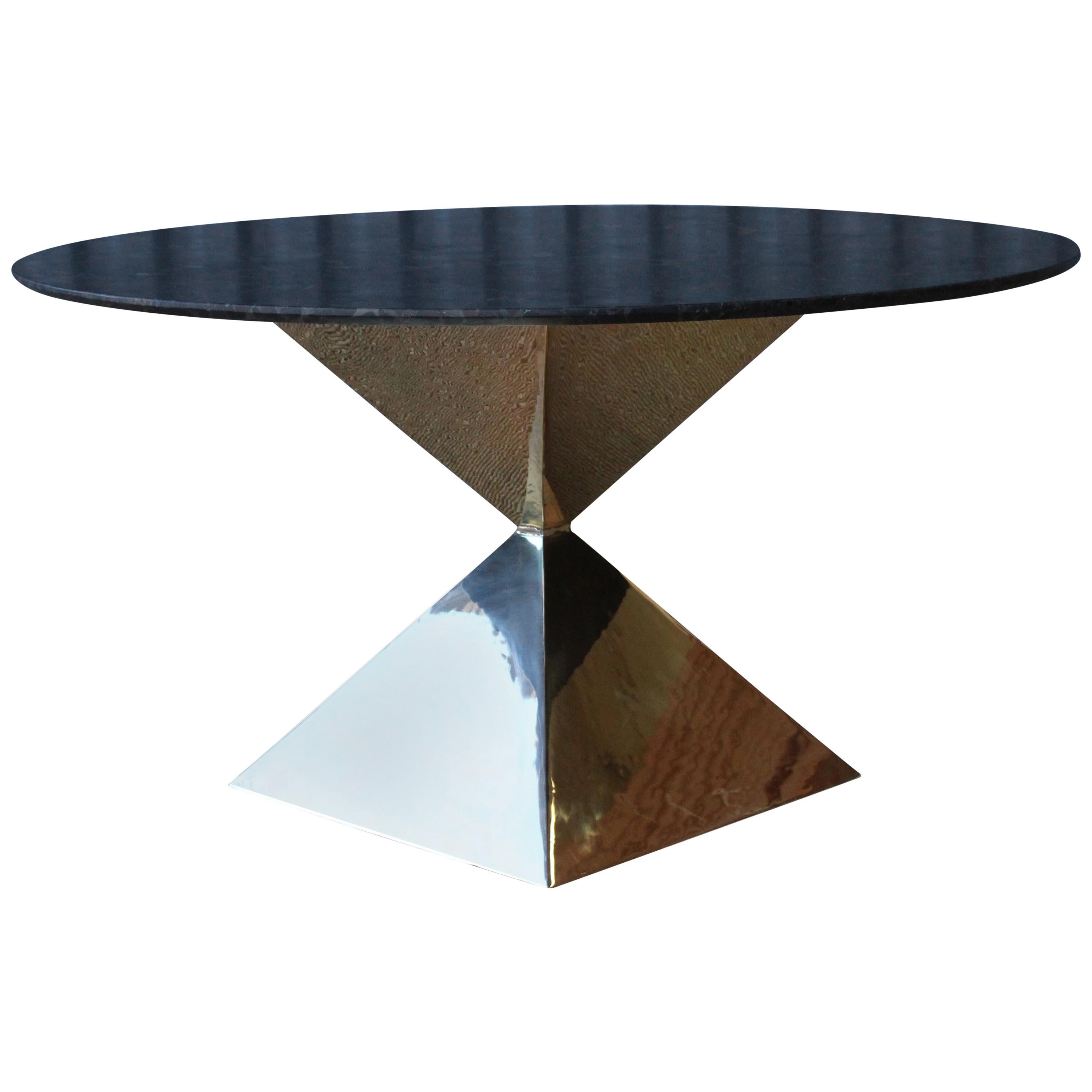 Custom Dining Table with Brass Plated Base and Stone Top