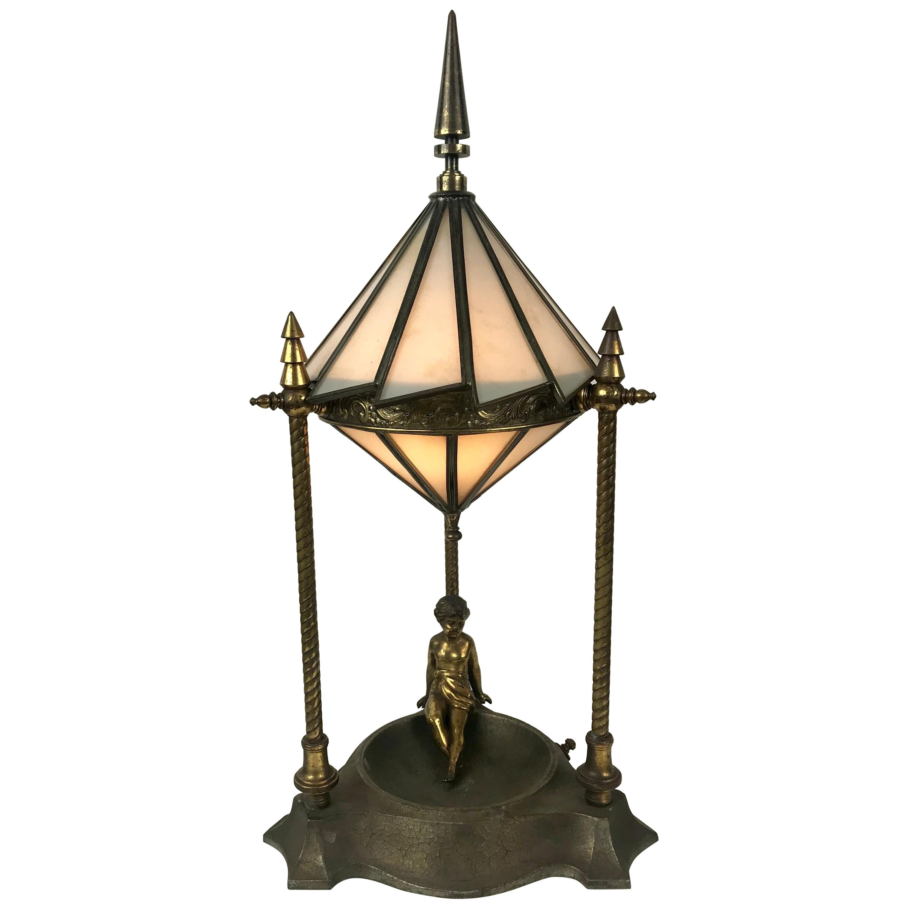 Classic Art Deco Boudoir Lamp Stunning Ziggurat Leaded Shade