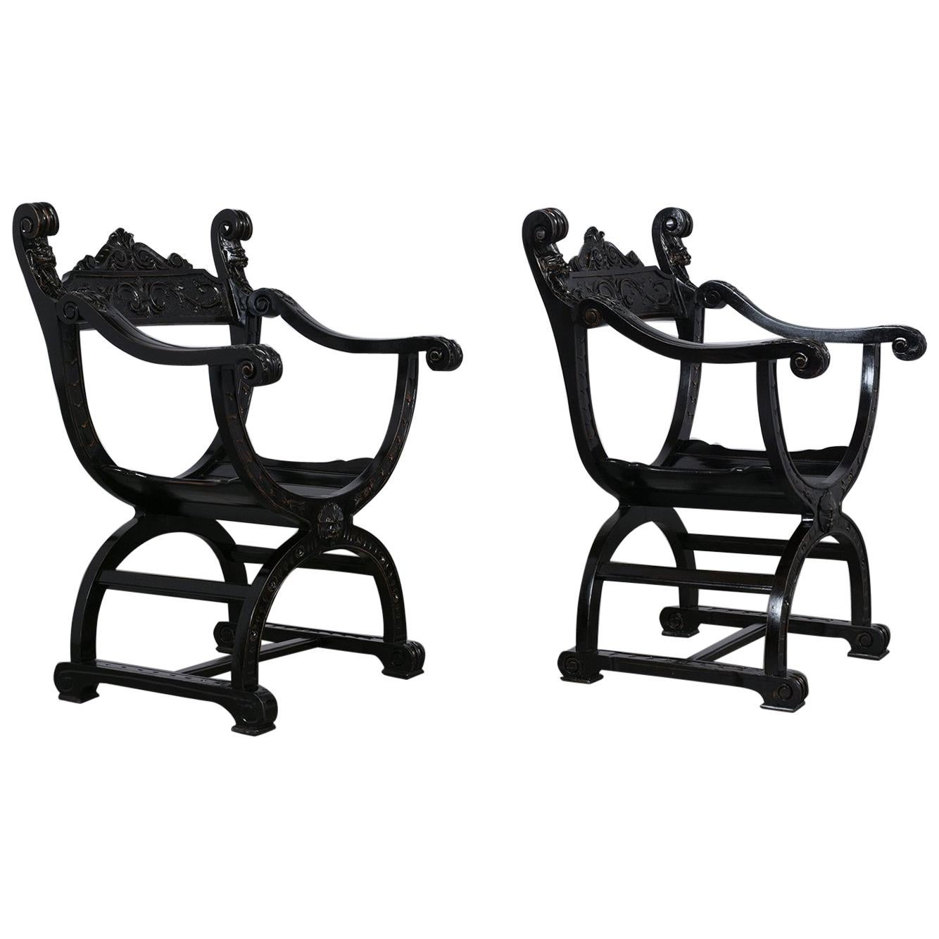 Set of Two Ebonized Savonarola Style Armchairs