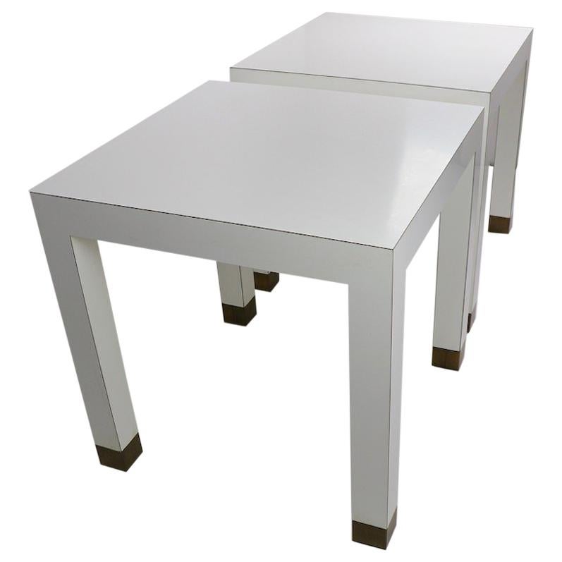 Pair of Parsons Tables in White Formica with Brass Feet