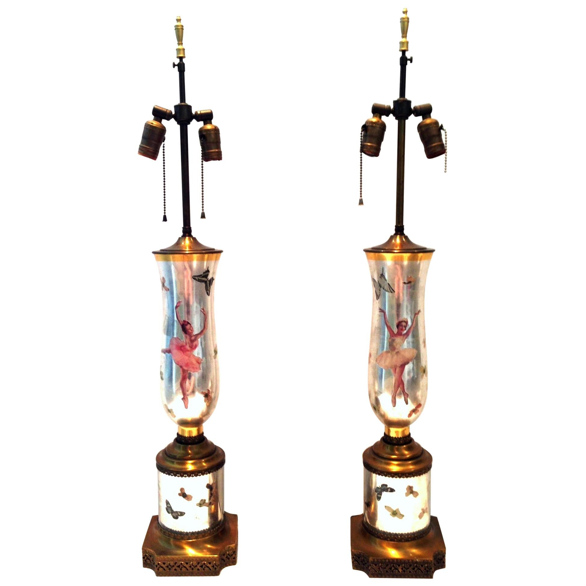 1940'S Pair Of Silver Leaf Reverse Painted Art Glass Ballerina & Butterfly Lamps For Sale
