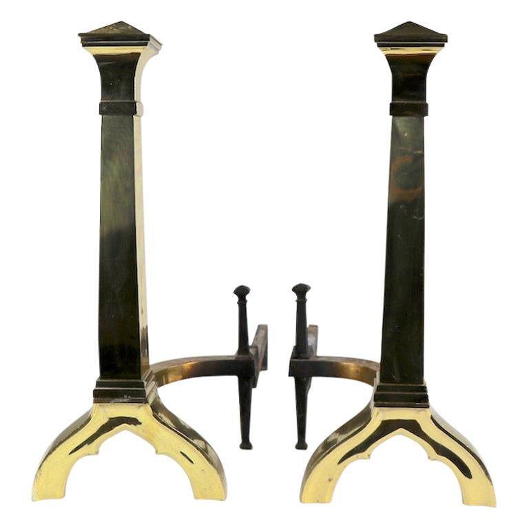 Pair of Gothic Revival Brass Andirons Firedogs in the Style of Augustus Pugin