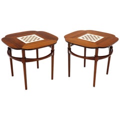 Vintage Pair of Clover Shape Tile and Walnut Top Round End Side Occasional Tables