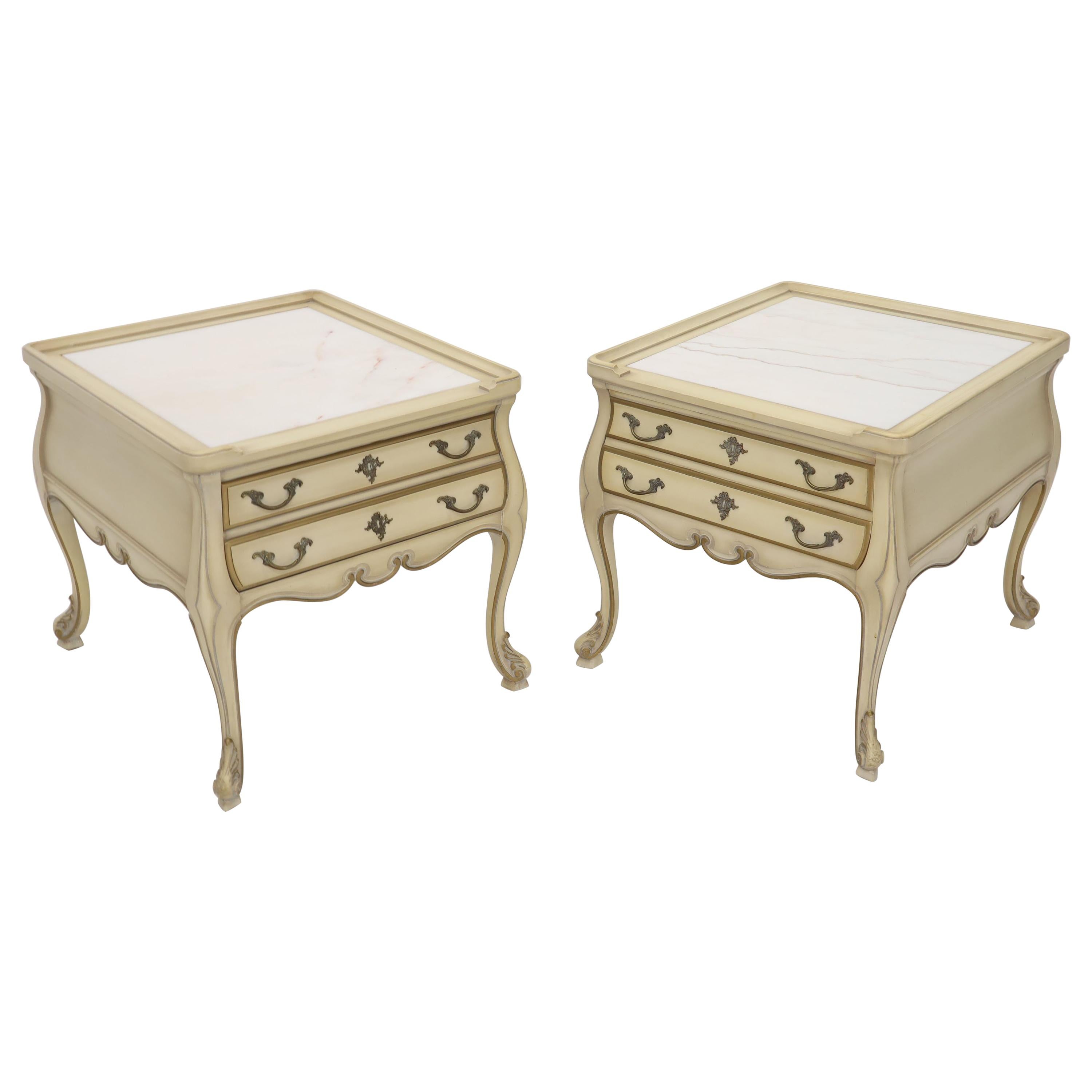 Pair of Country French Provincial End Side Tables Marble Tops