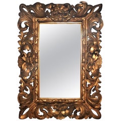 Cadre de miroir en bois doré sculpté à la main du 19e siècle, de style baroque florentin