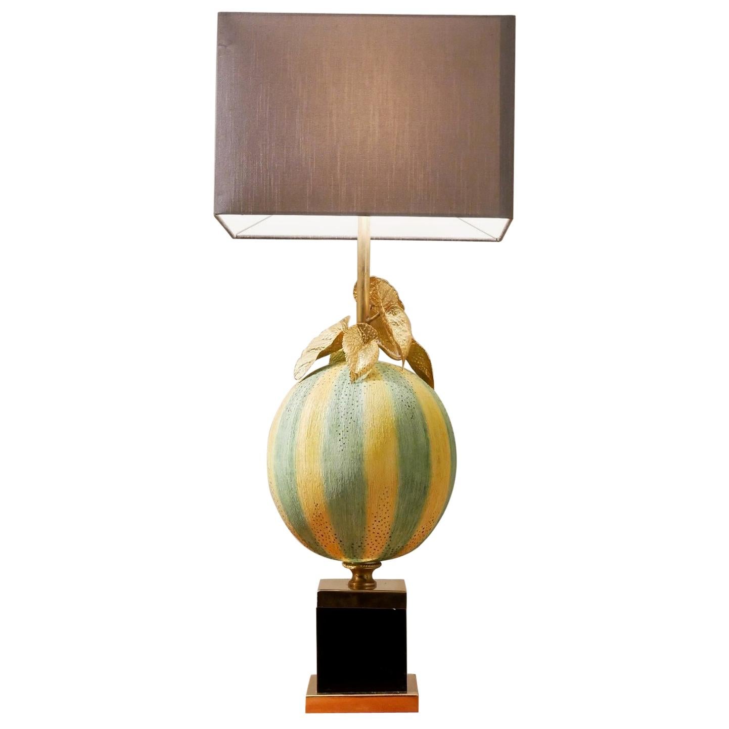 Extra Large Maison Charles Style French Brass & Painted Glass Balloon Table Lamp For Sale