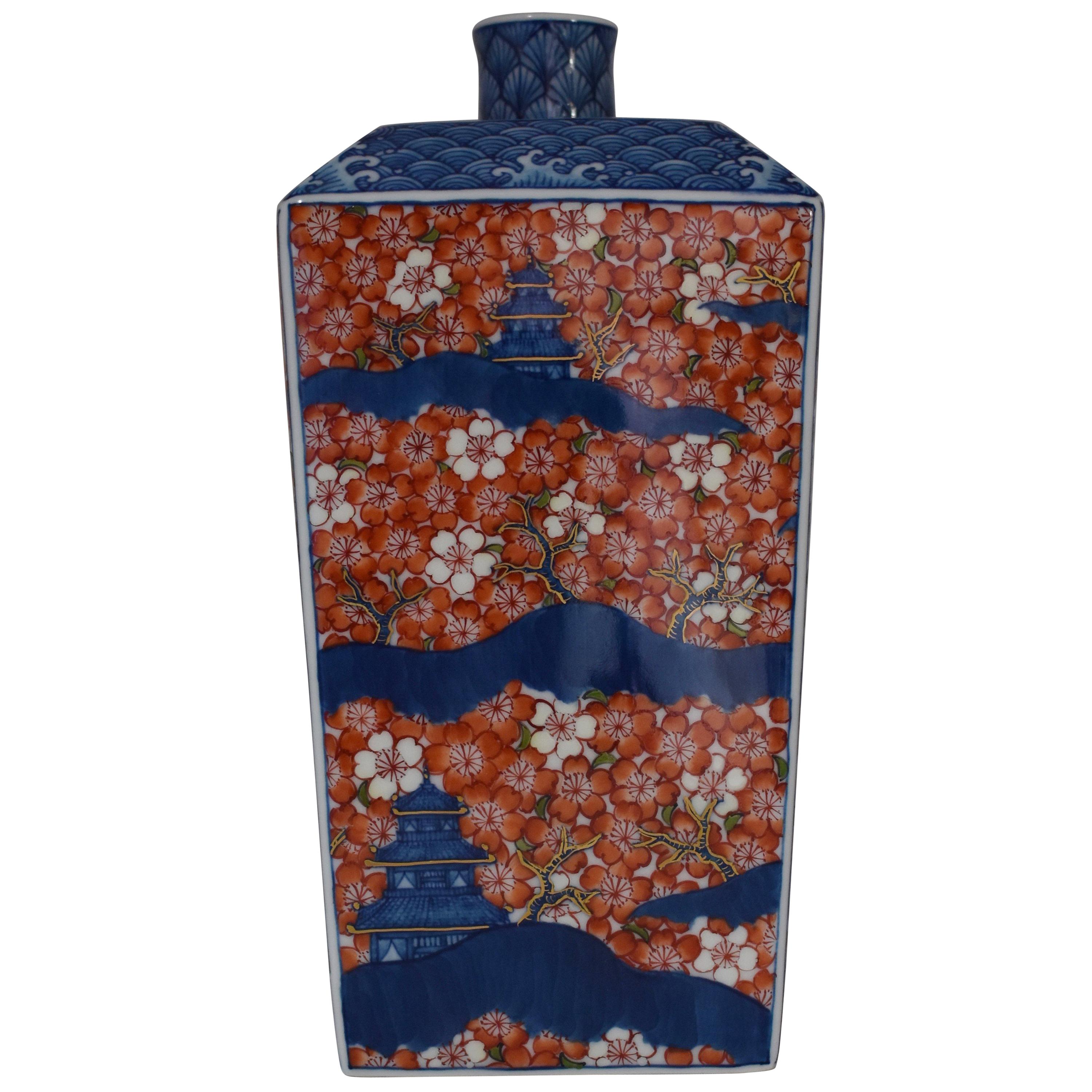 Japanese Contemporary Imari Red Blue Porcelain Vase by Master Artist