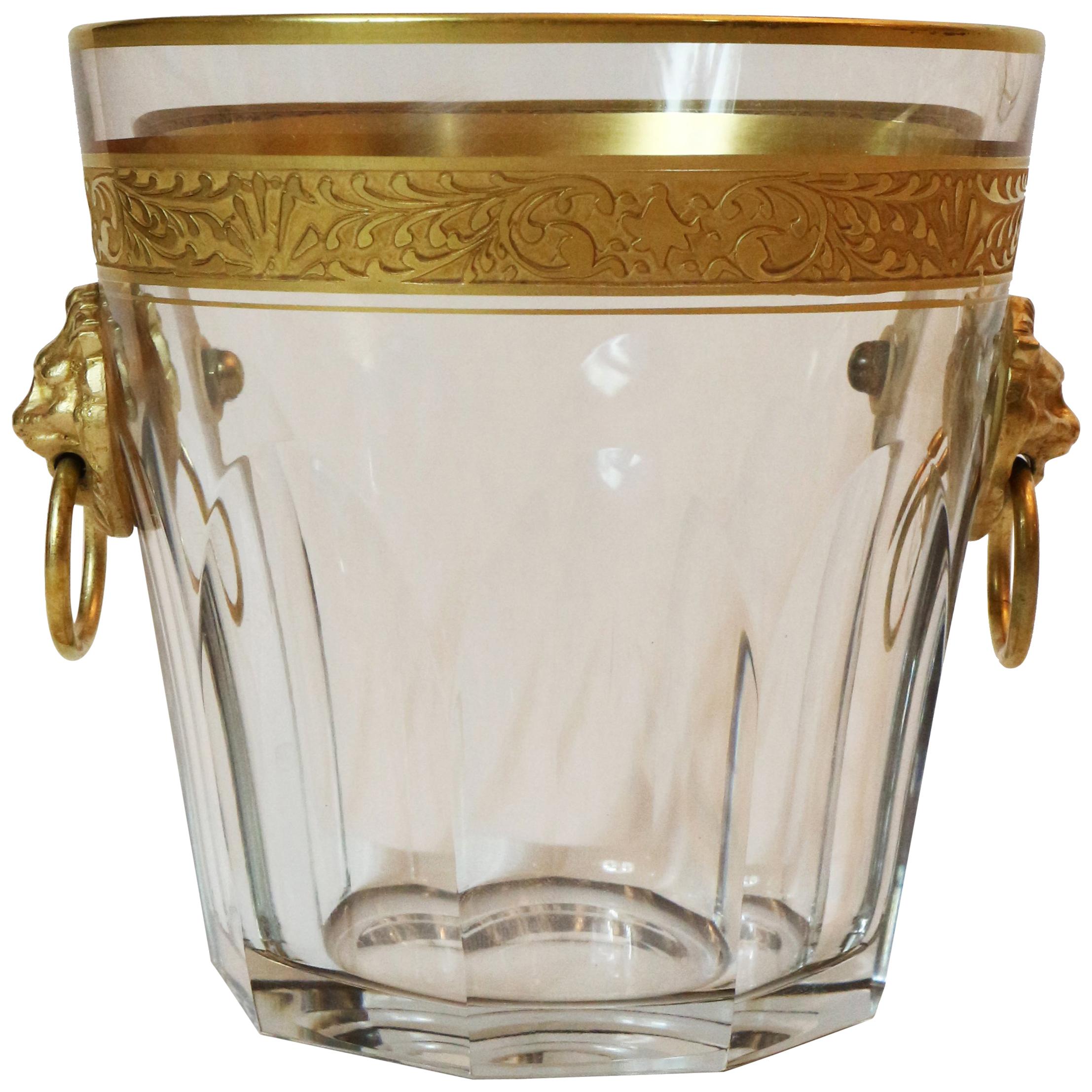 Baccarat Cut Crystal Ice Bucket with Gold Gilded Lions