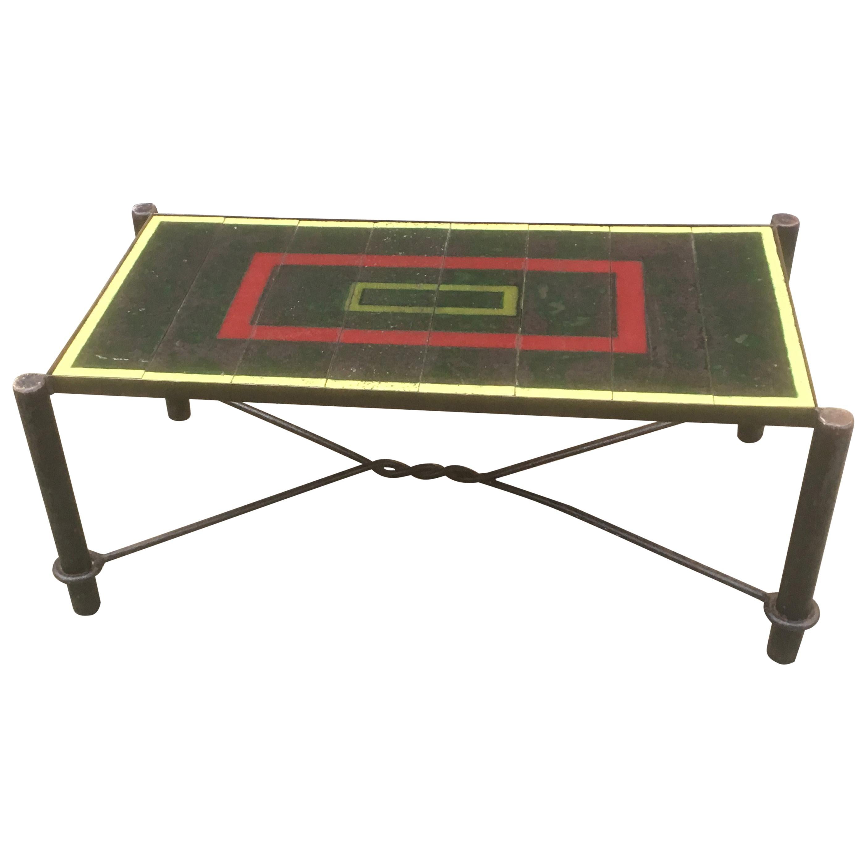 Jacques Adnet, Art Deco Coffee Table in Lacquered Metal, Tray Composed of Tiles For Sale
