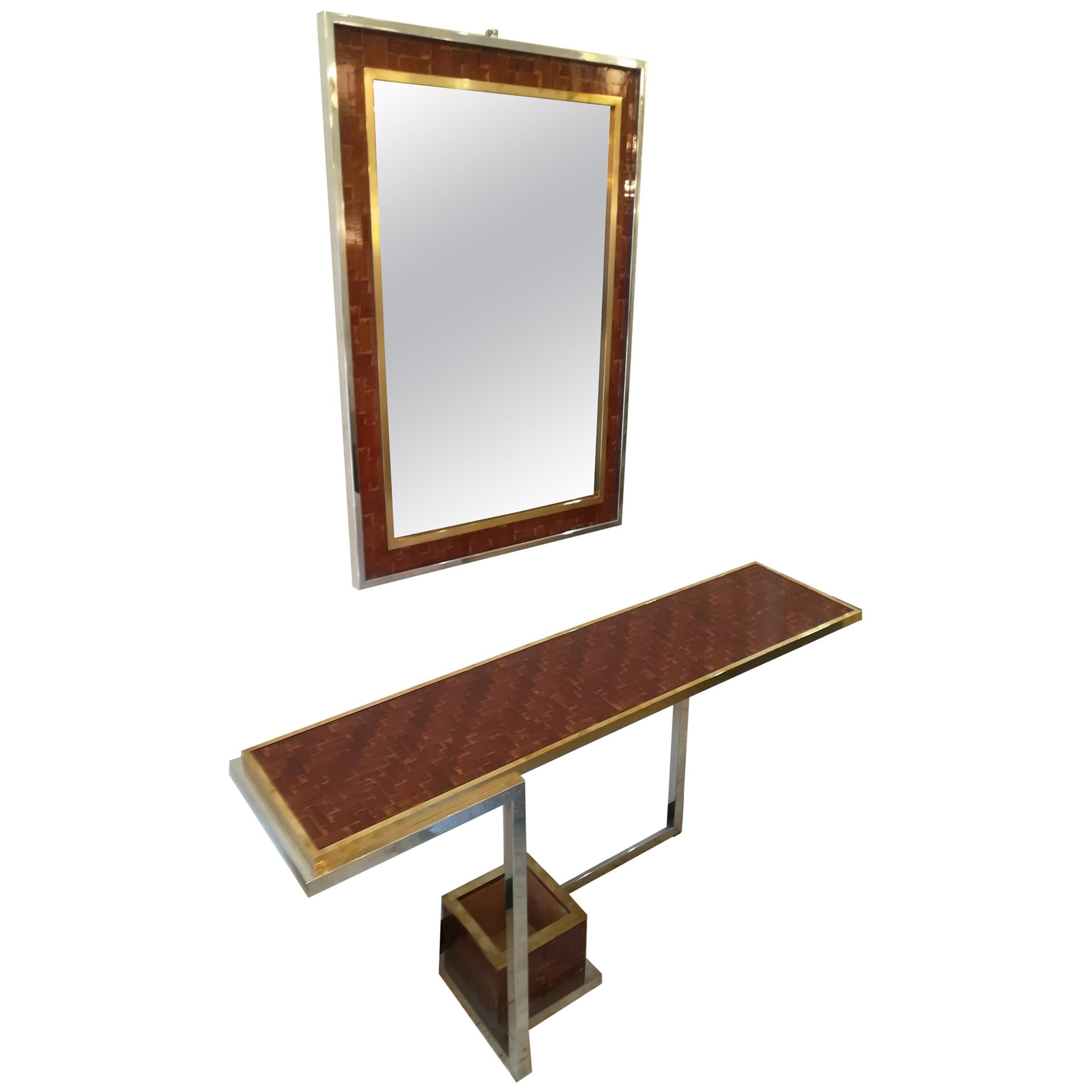 Console and Mirror, 1970, Bamboo, Brass and Chromium Steel For Sale