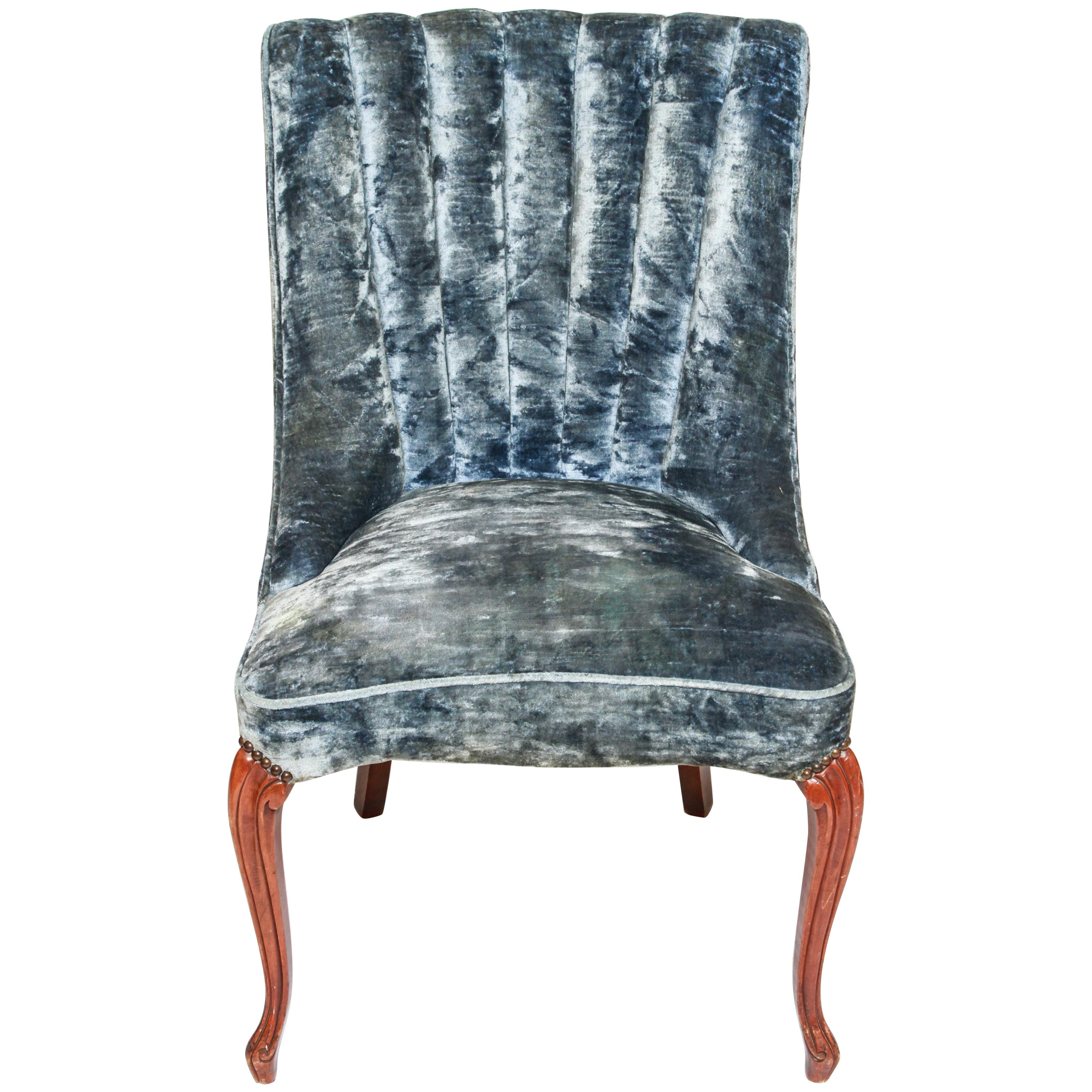 Art Deco Channel-Back Side Chair in Blue Velvet