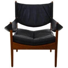 Modus Black Leather and Oak Easy Chair by Kristian Vedel, Soren Willadsen, 1963