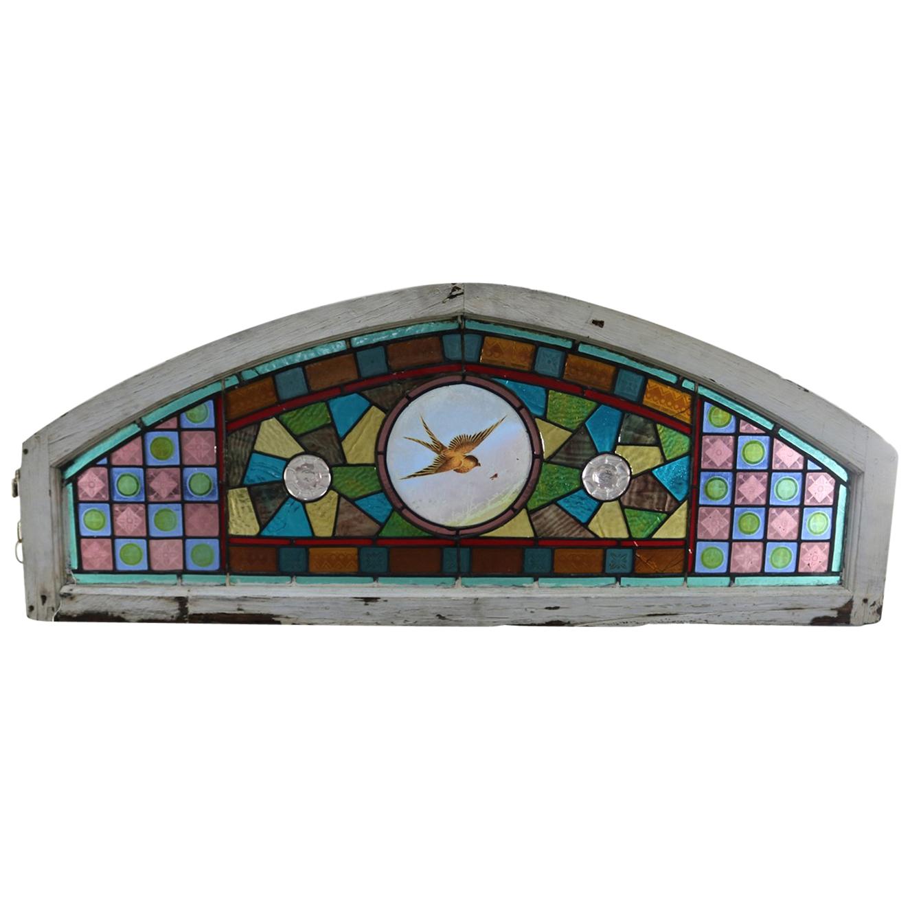 Antique Aesthetic Movement Leaded and Jeweled Mosaic Stained Glass Window