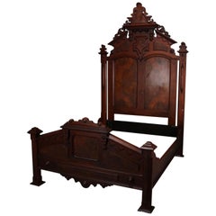 Antique Renaissance Revival Carved Walnut and Burl Full/Double Bed Frame