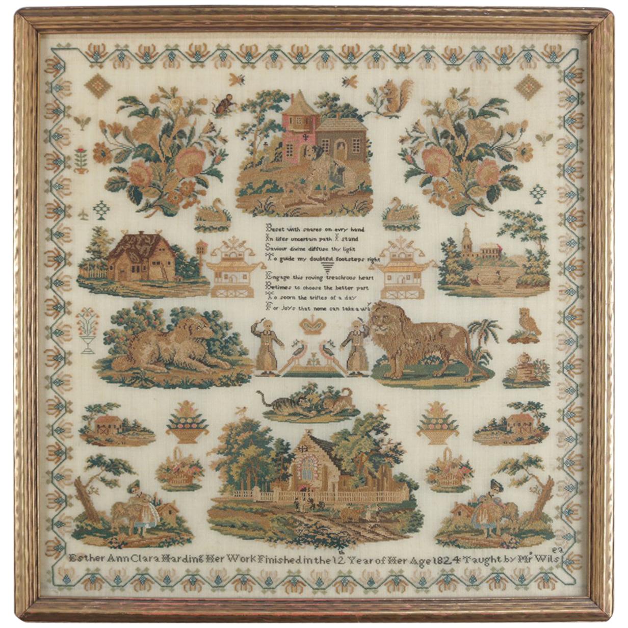 Antique European Sampler "Beset with Snares...." from Strong Museum, NY
