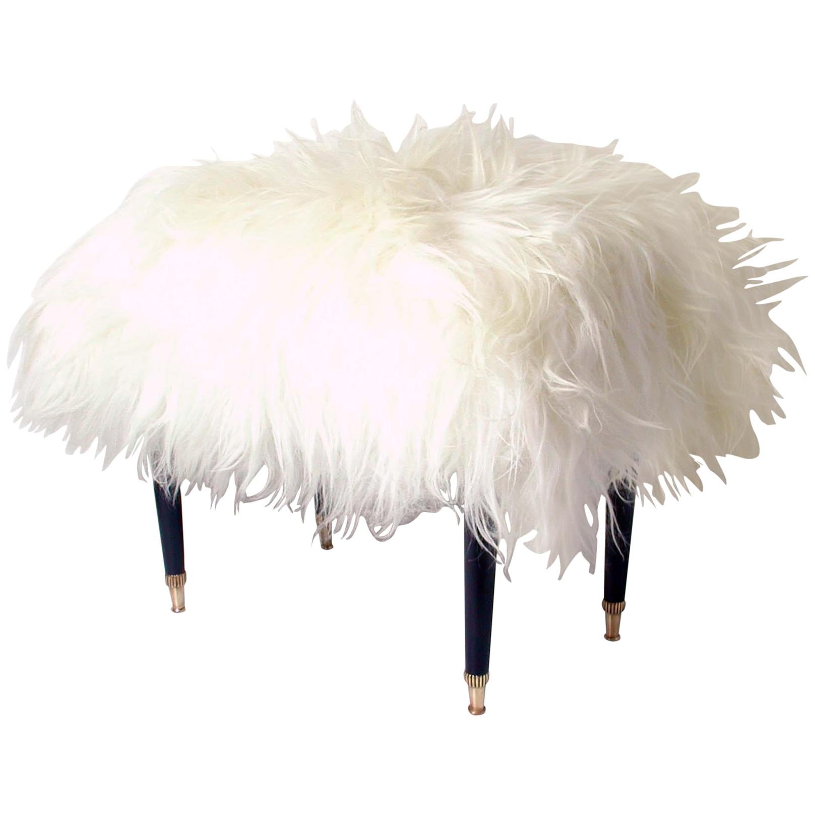 Italian Midcentury White Long Hair Iceland Sheep Bench Stool, 1950s