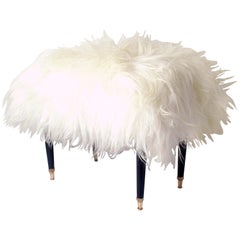 Italian Midcentury White Long Hair Iceland Sheep Bench Stool, 1950s