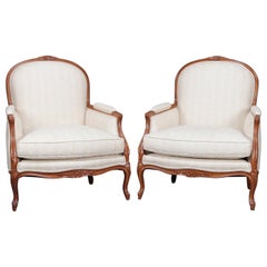 Pair of Oversized French Louis XVI Style Upholstered Berger Armchairs
