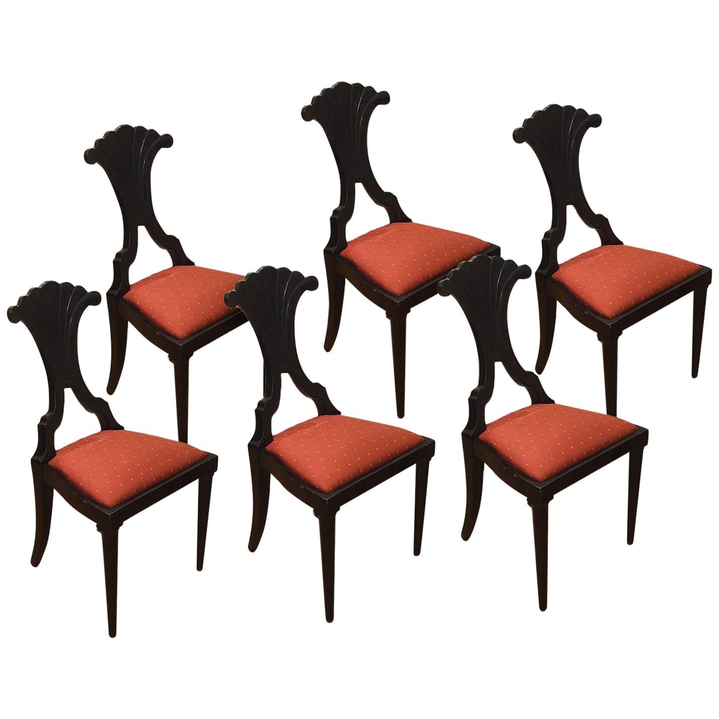 Set of Six Late 19th Century Italian Bidermeier Chairs in Solid Black Wood For Sale