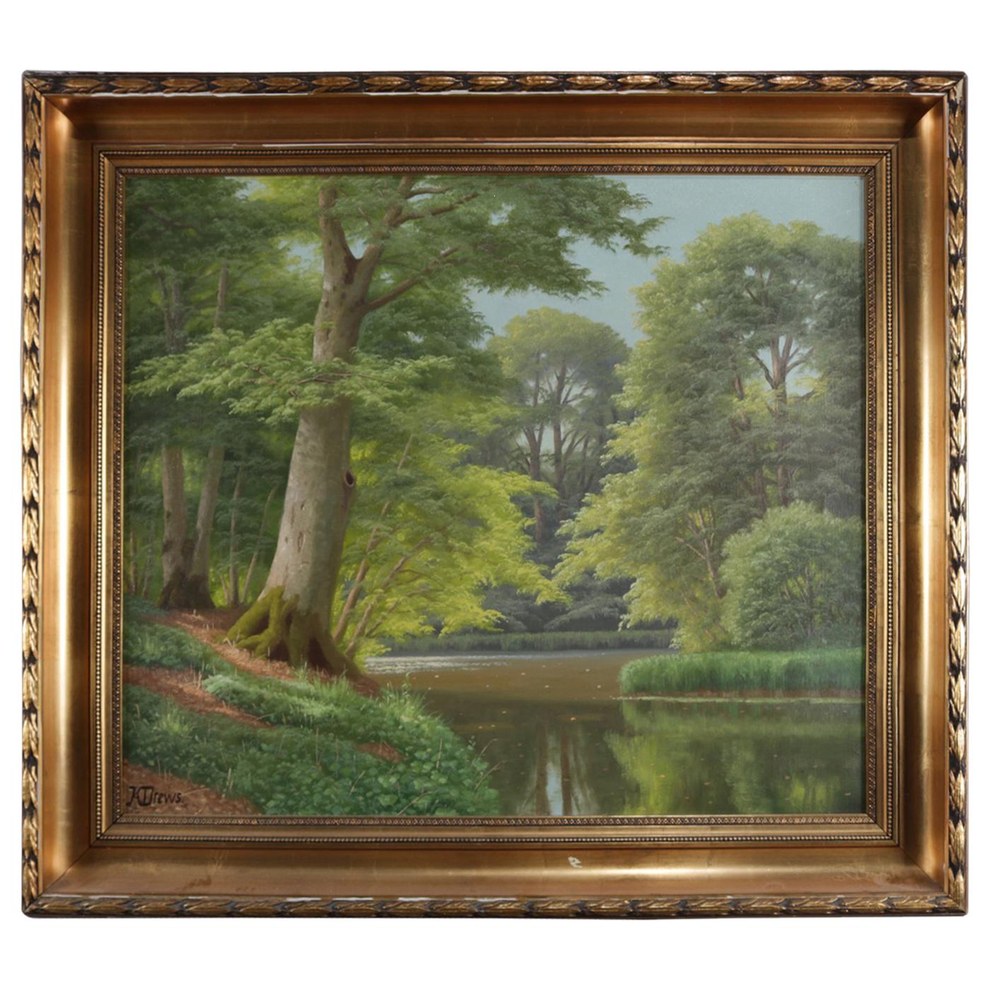 Vintage Oil on Canvas Landscape Painting, River Scene, Signed K. Drews