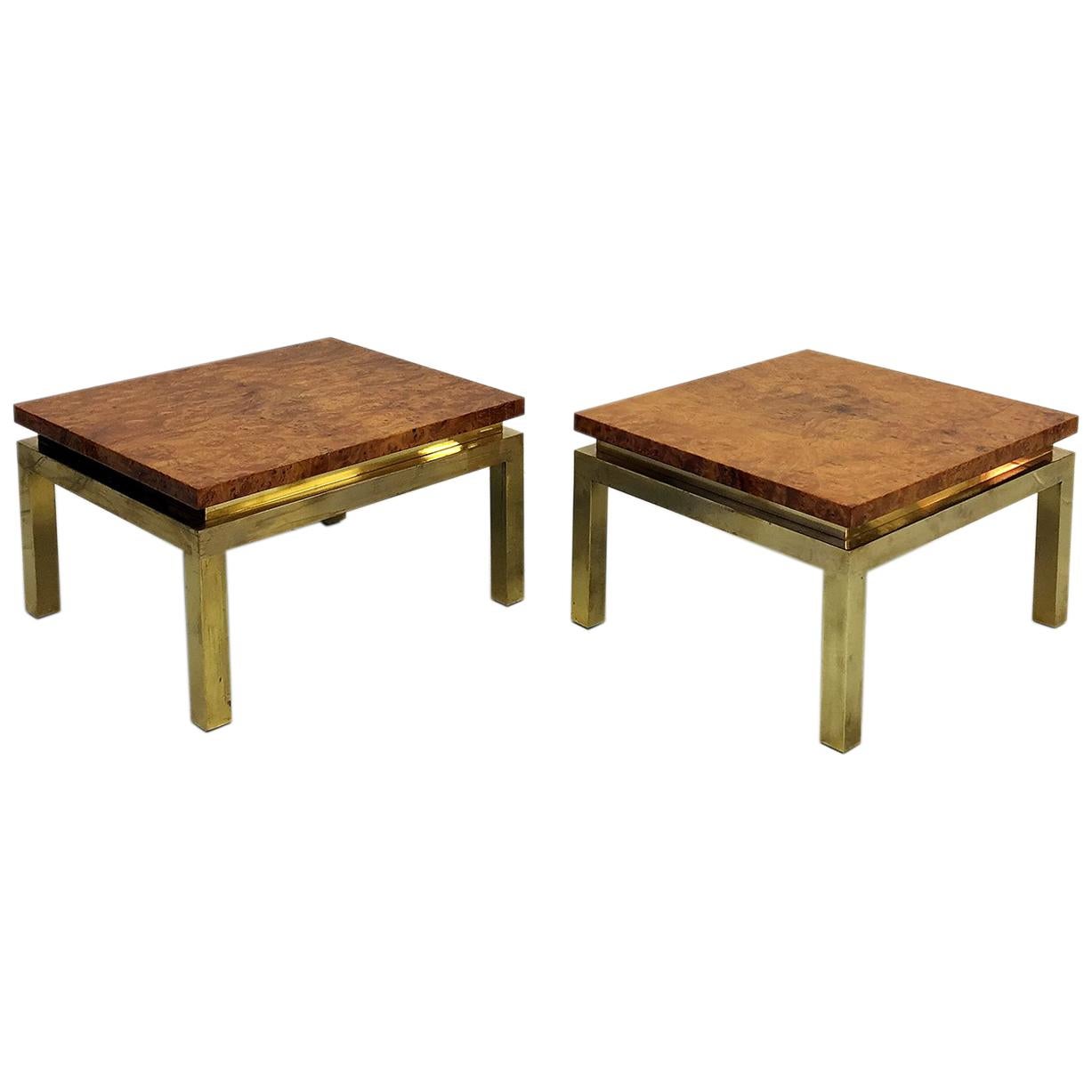 Pair of 1970s Burr Walnut and Brass Side Tables by Guy Lefevre for Maison Jansen