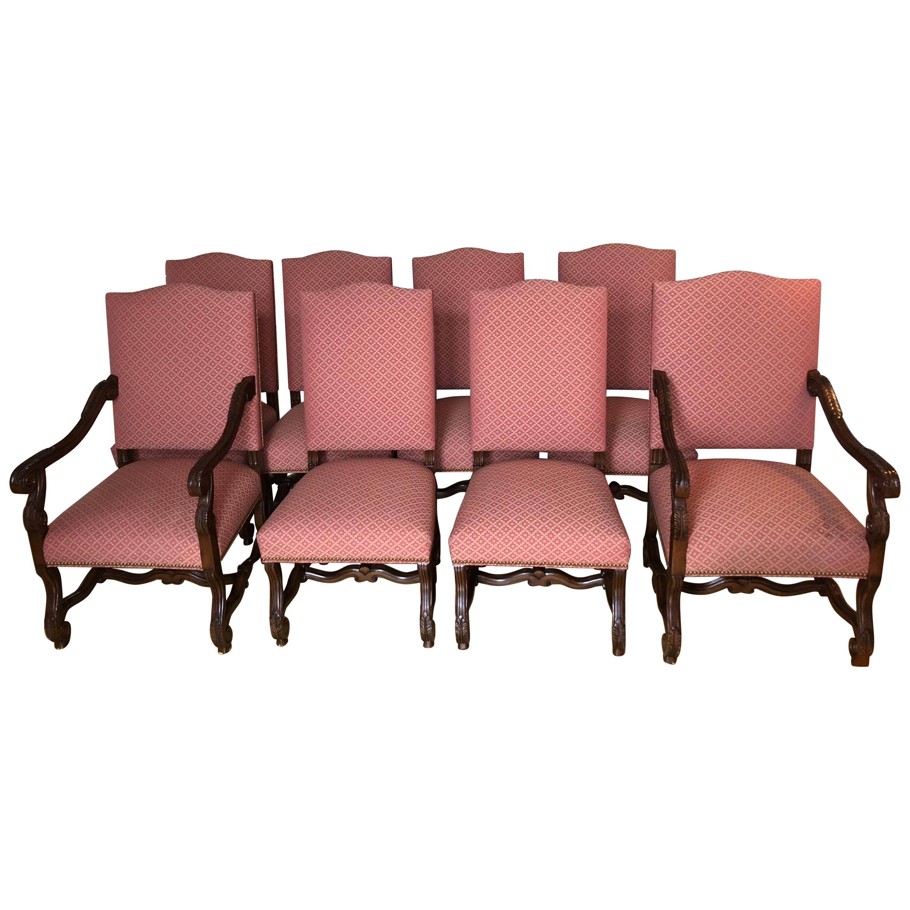 Set of 8 Impressive Carved Wood and Upholstered Chippendale Style Dining Chairs