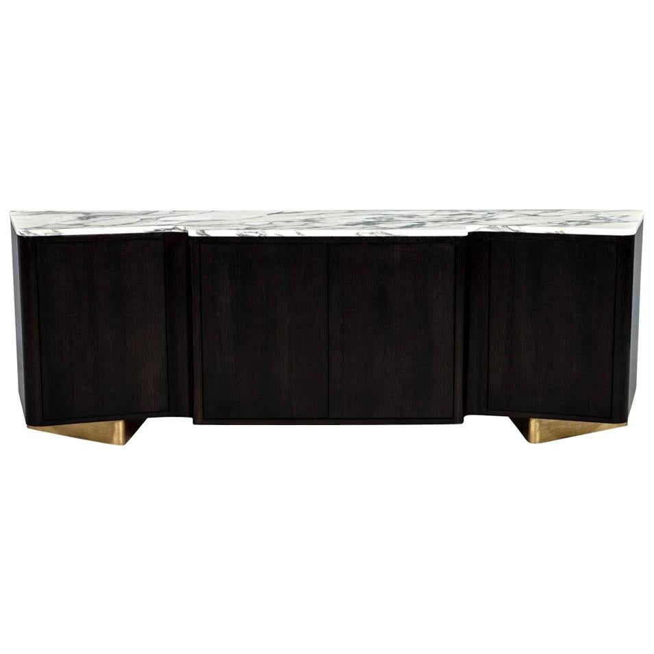 Custom Modern Serpentine Styled Marble-Top Sideboard Buffet Media Cabinet For Sale