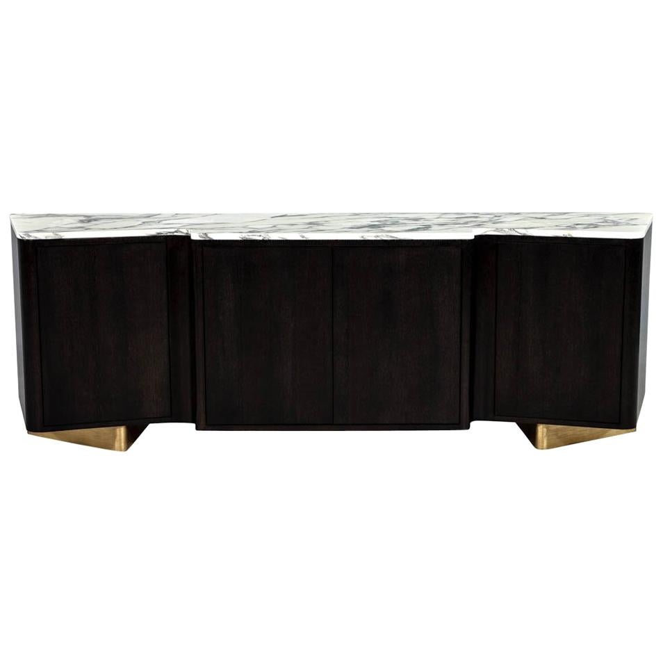 maßgefertigter moderner Sideboard-Media-Schrank mit Marmorplatte im Serpentinenstil