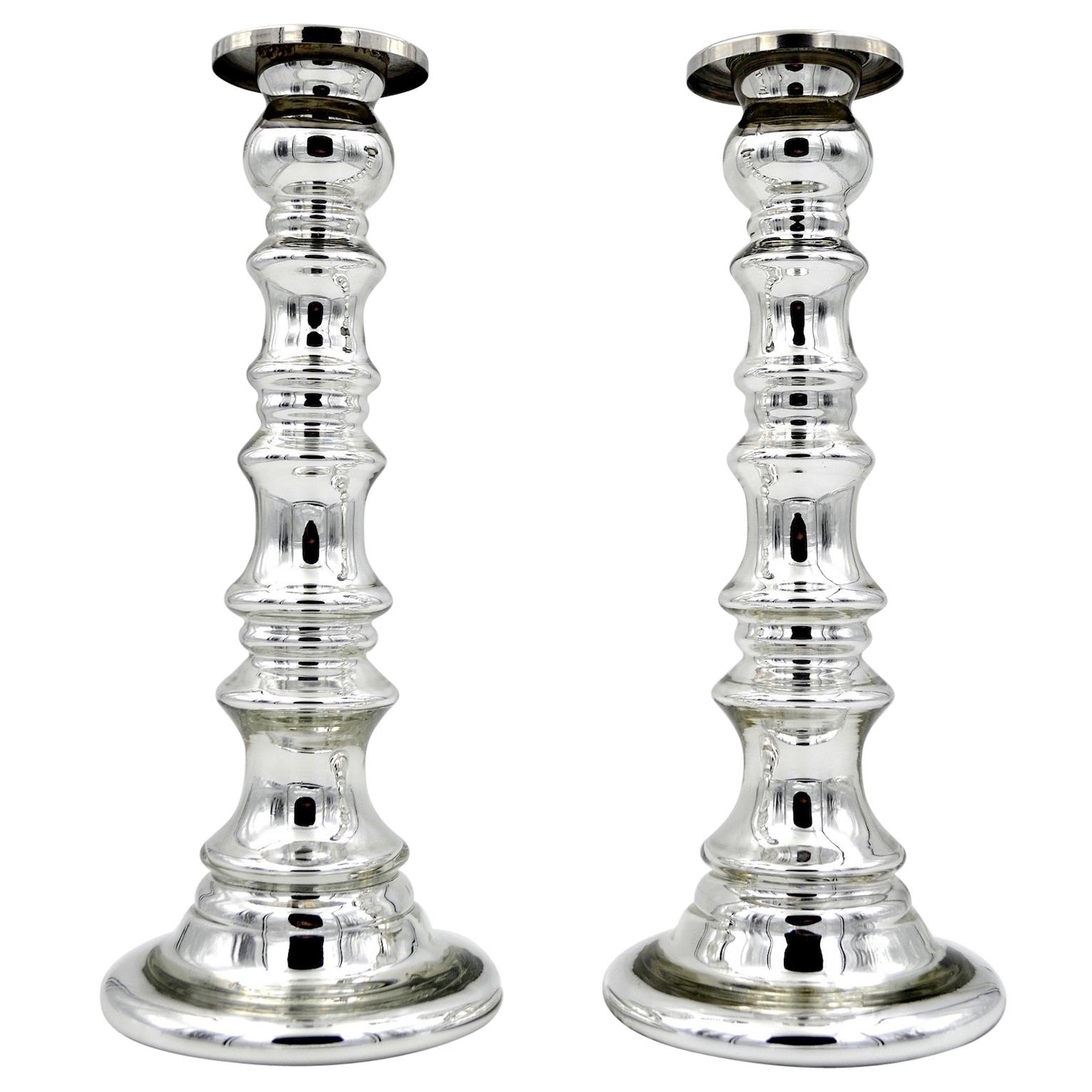 Tall Silver Mercury Glass Vintage Candlestick Pair