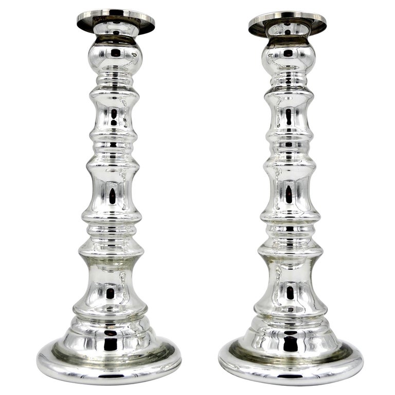 Tall Silver Mercury Glass Vintage Candlestick Pair at 1stDibs