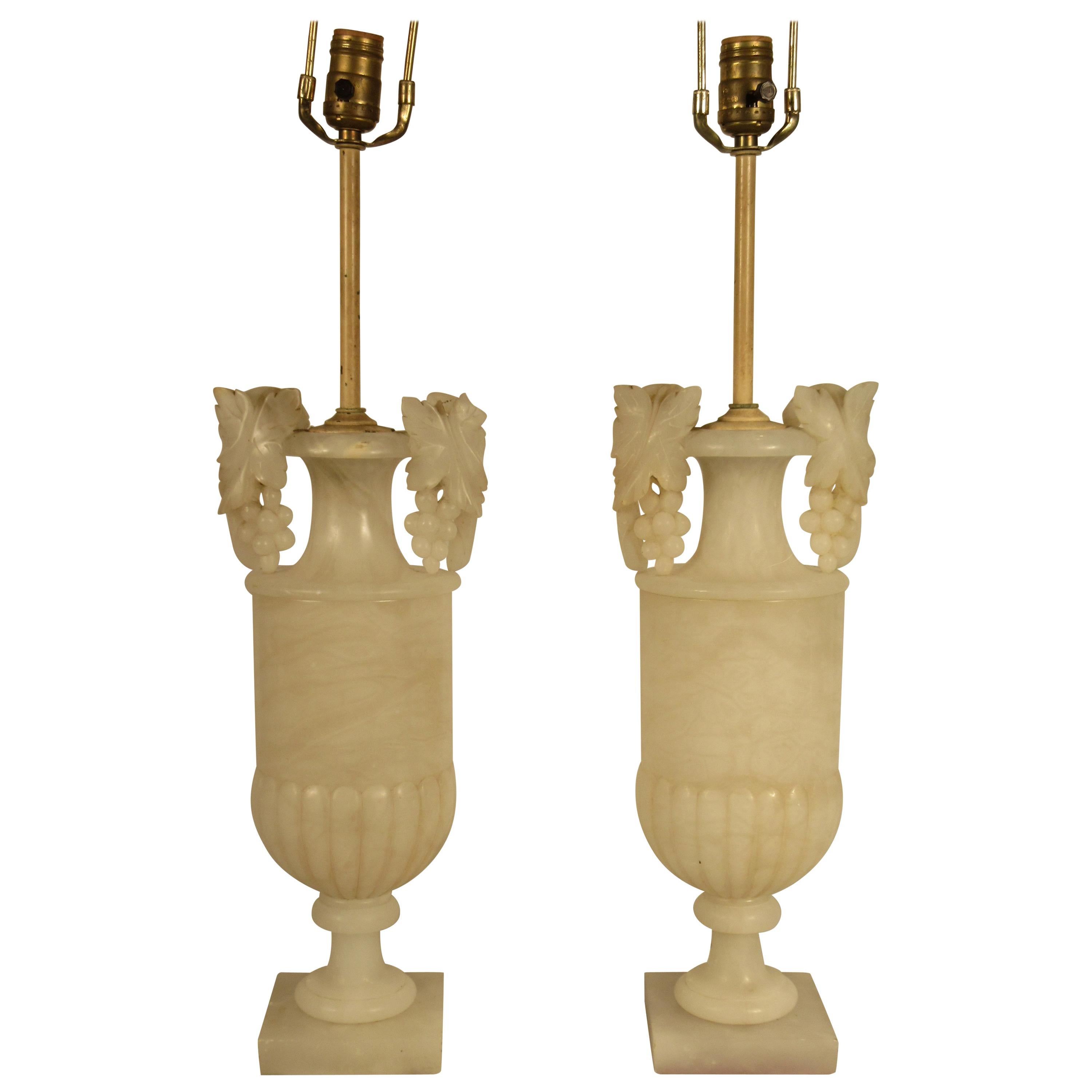 Pair of 1940s Carved Alabaster Lamps with Grape Handles