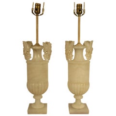 Vintage Pair of 1940s Carved Alabaster Lamps with Grape Handles