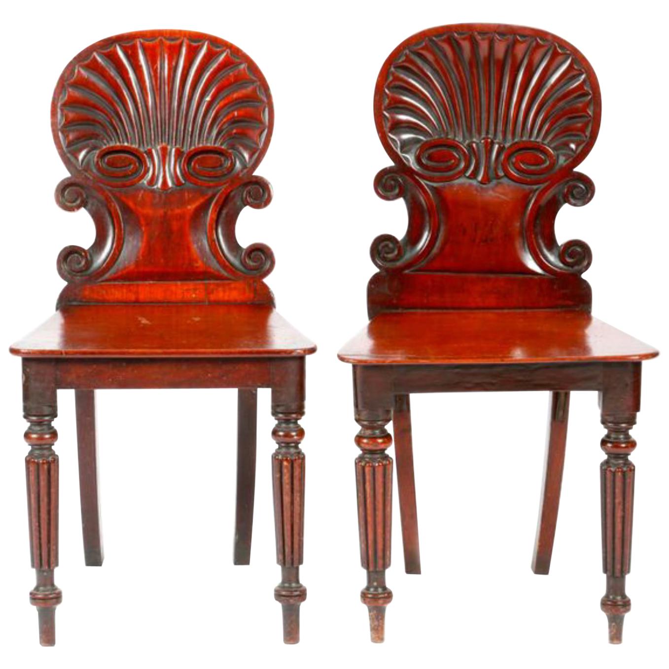 19th Century English Regency Hand Carved Mahogany Hall Chairs