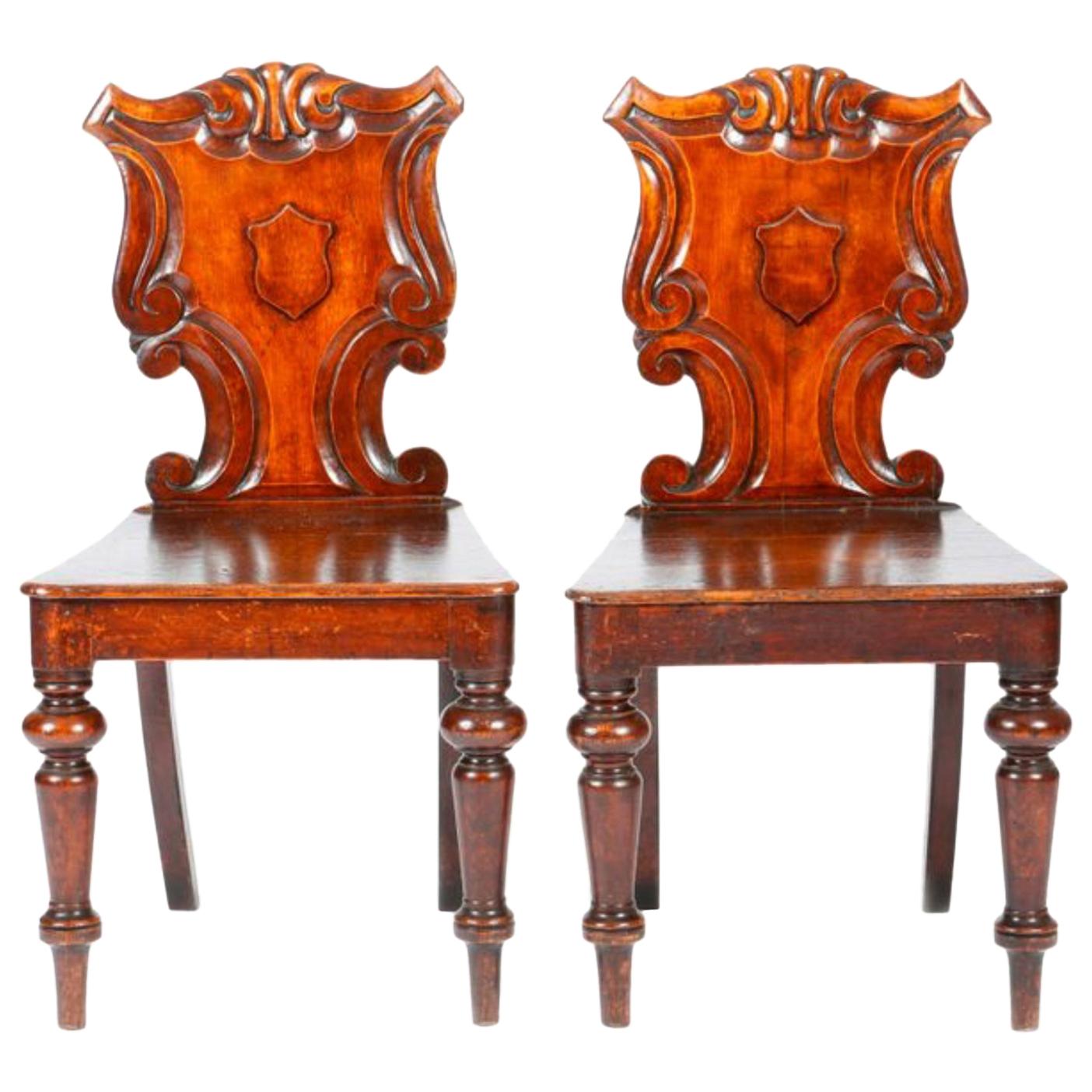 19th Century English Victorian Hand Carved Oak Hall Chairs For Sale