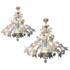 Charming Pair of Murano Chandeliers by Seguso, 8 Arms, Murano, 1950s