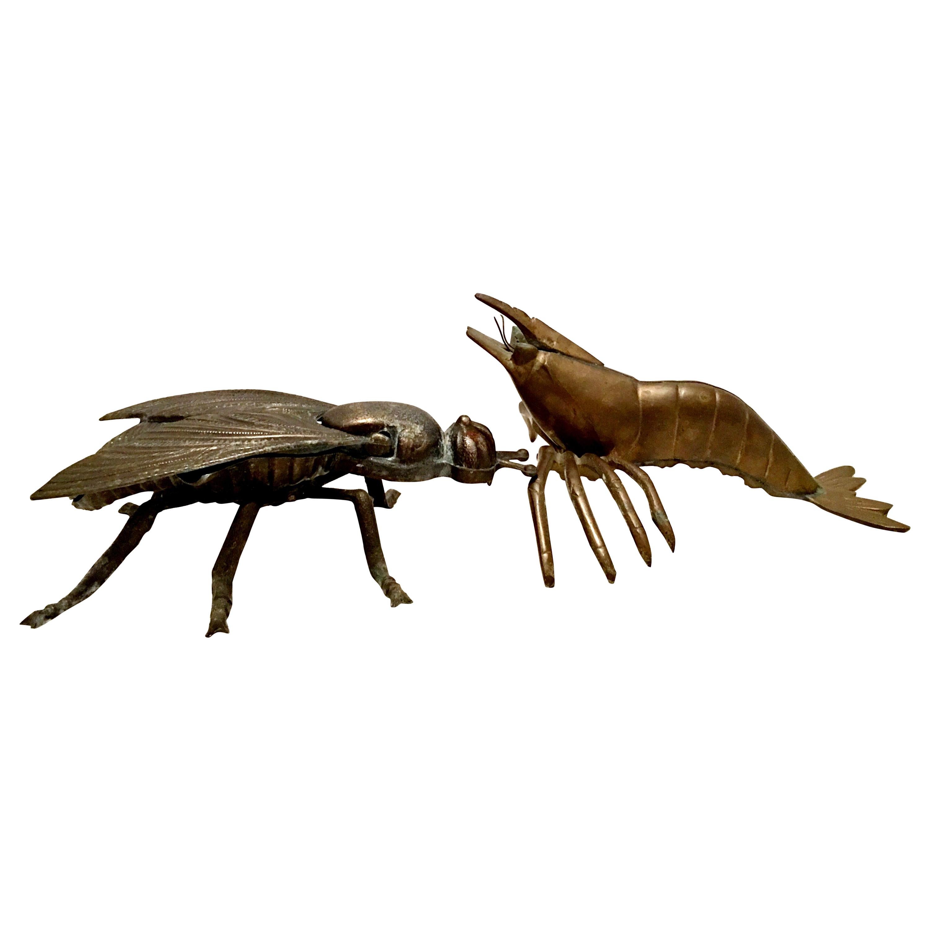 Mid-20th Century Art Nouveau Pair of Iron & Brass Figural Fly & Shrimp Sculpture For Sale