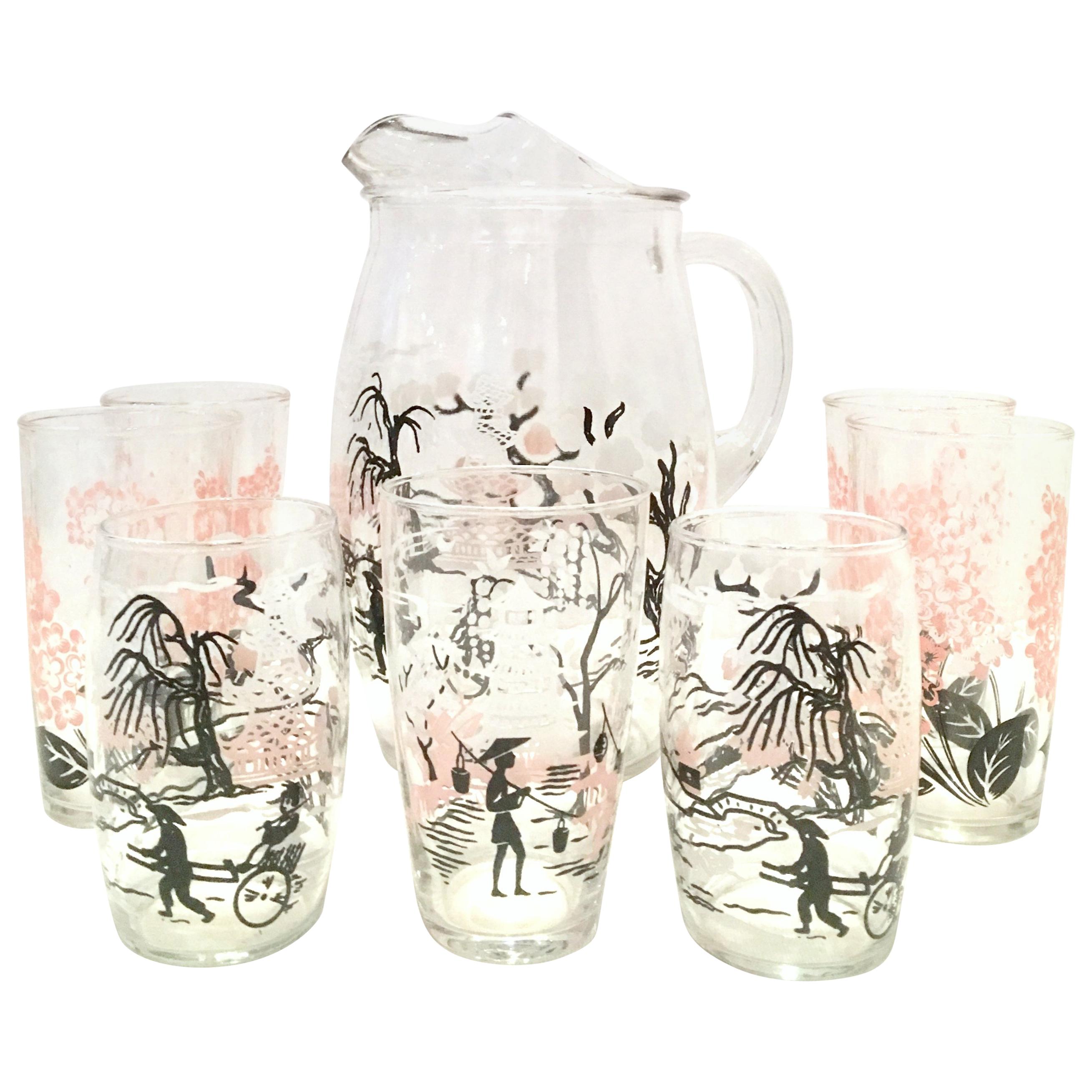 20th Century Chinoiserie Style Printed Glass Drinks Set/8