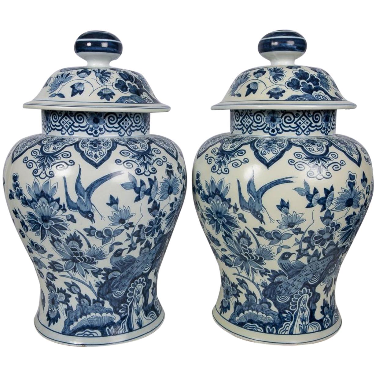 Large Pair Antique Delft Blue and White Jars 19th Century