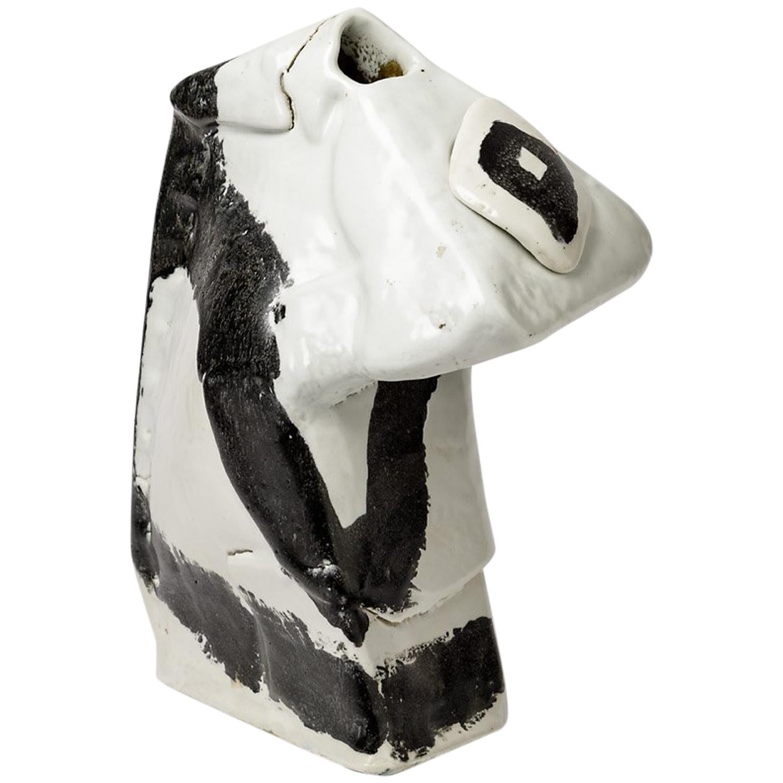 Porcelain Ceramic Vase Sculpture by Michel Lanos White and Black Pottery Glaze