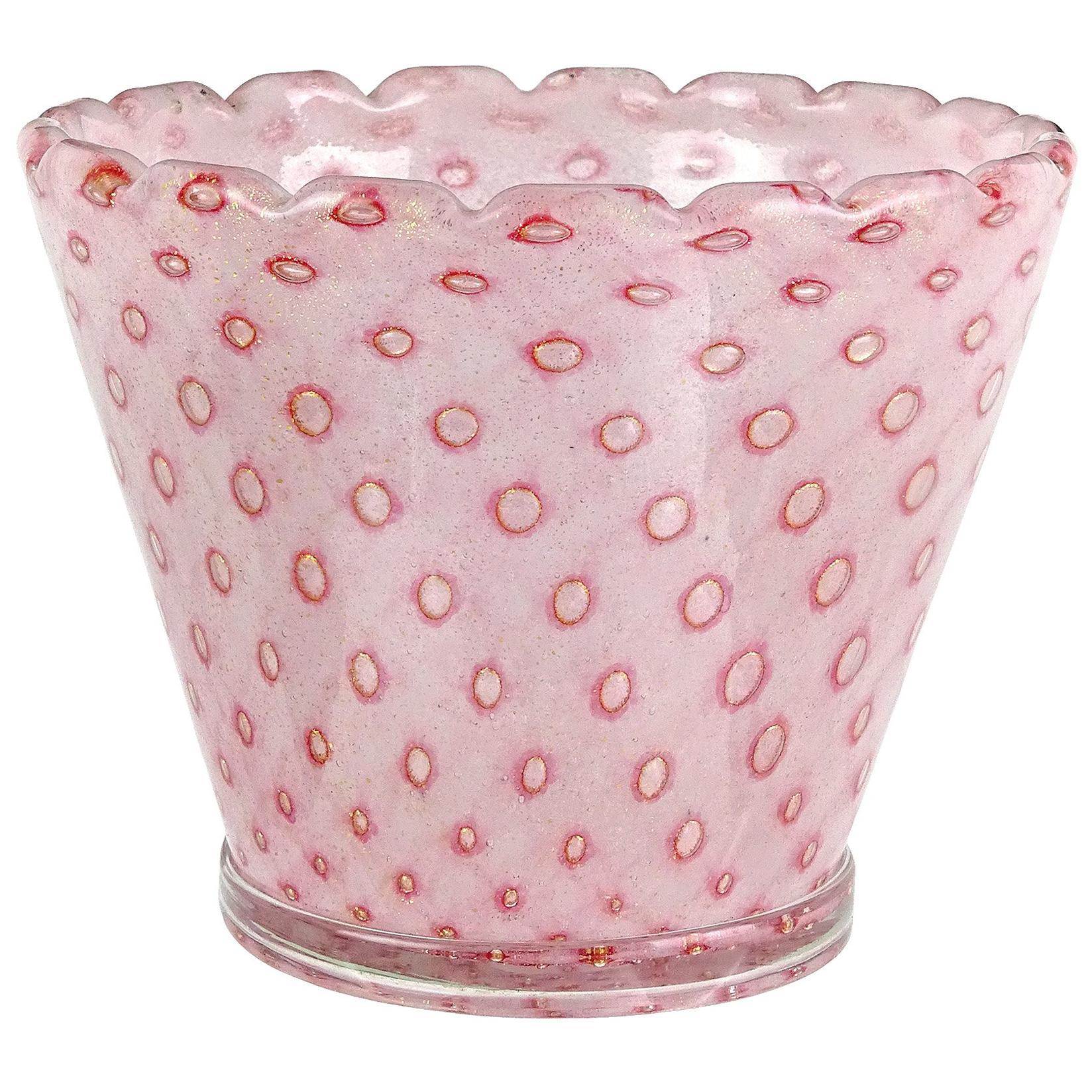 Murano Controlled Bubble Pulegoso Gold Flecks Italian Art Glass Flower Pot Vase
