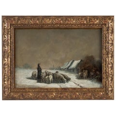 Sign by Van Cluyck Oil on Canvas Landscape Views with Sheep in the Snow