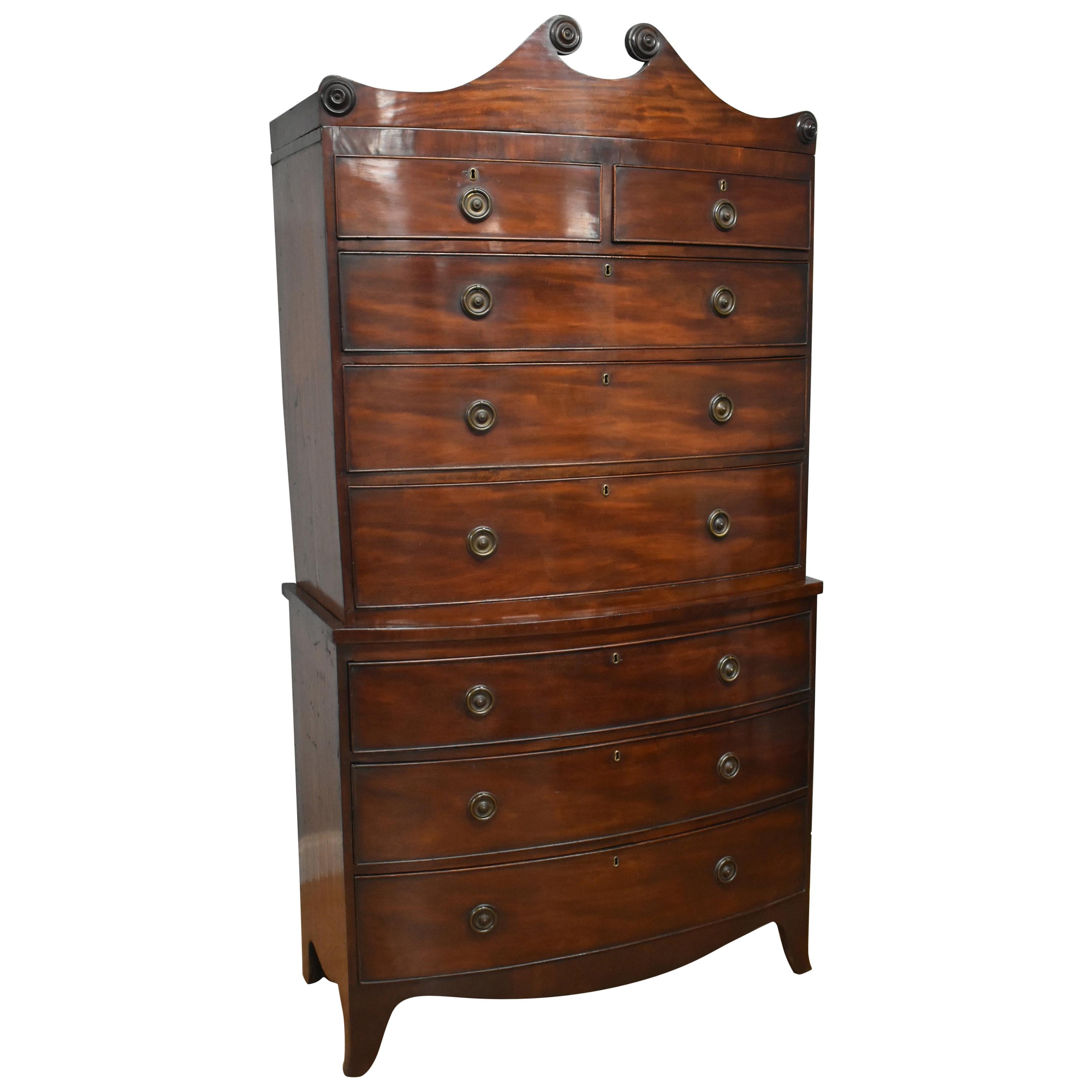 19th Century George III Mahogany Bow Front Chest on Chest