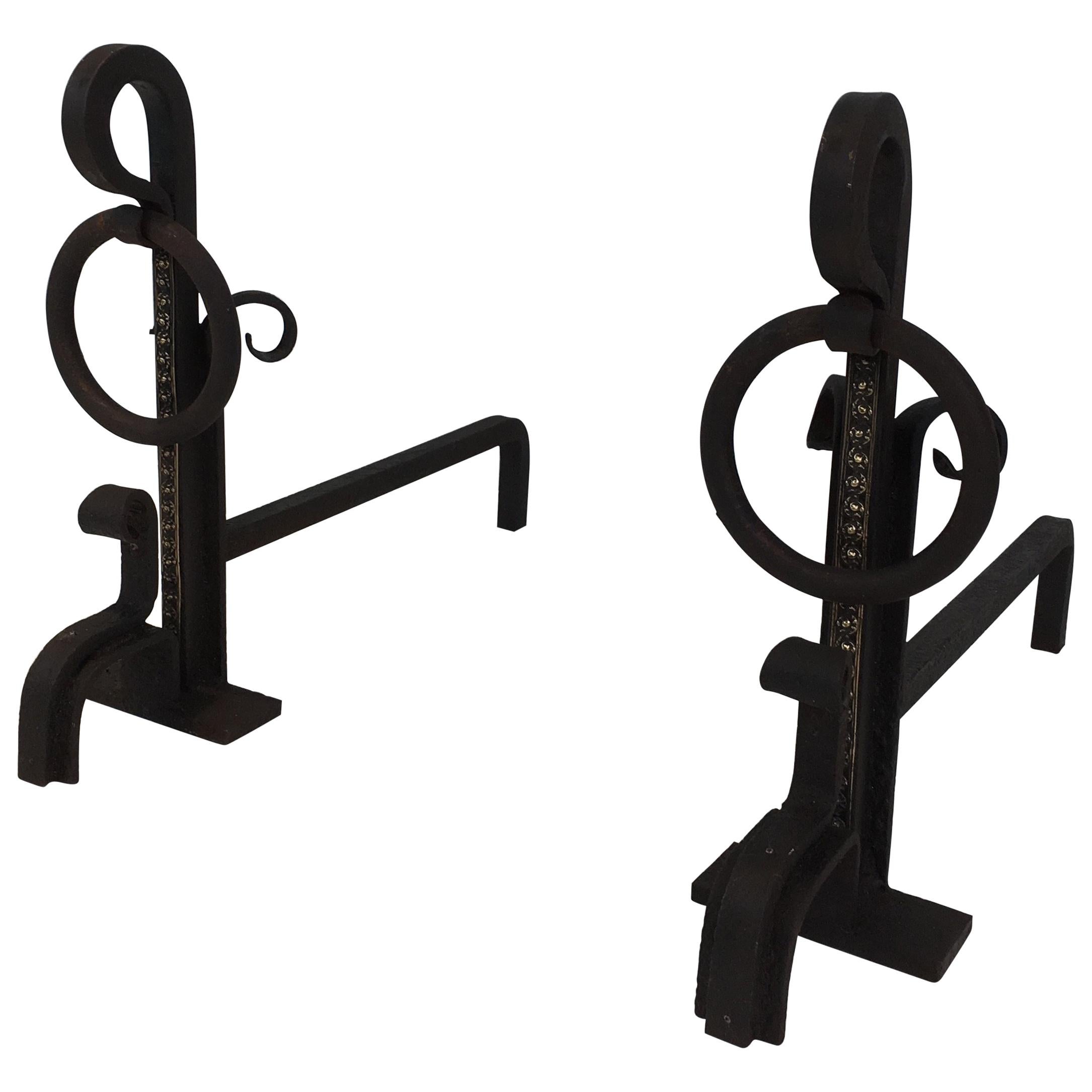 Pair of Modernist Wrought Iron and Brass Andirons, French, circa 1900 For Sale
