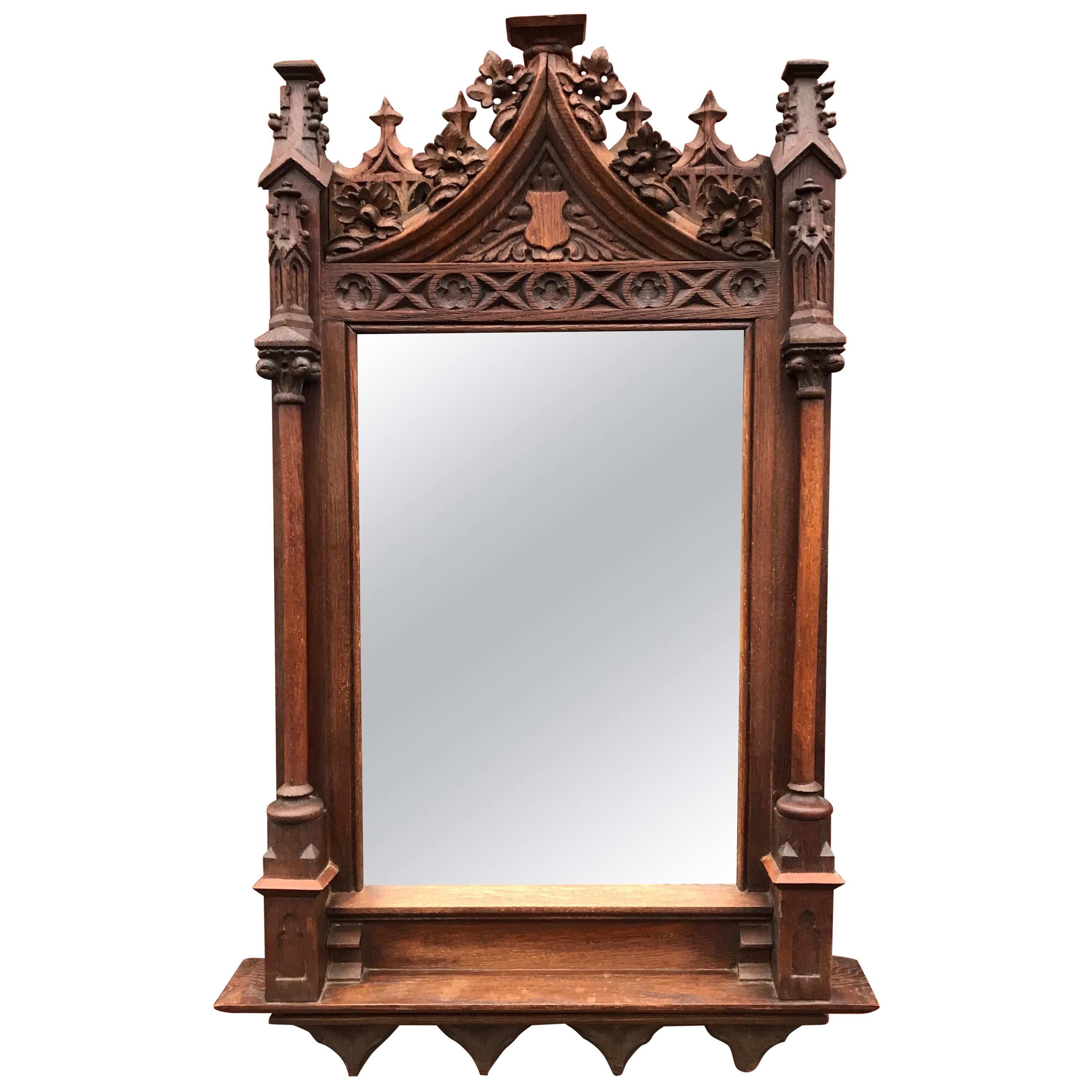 Stunning & Good Size 19th Century Hand Carved Oakwood Gothic Revival Wall Mirror