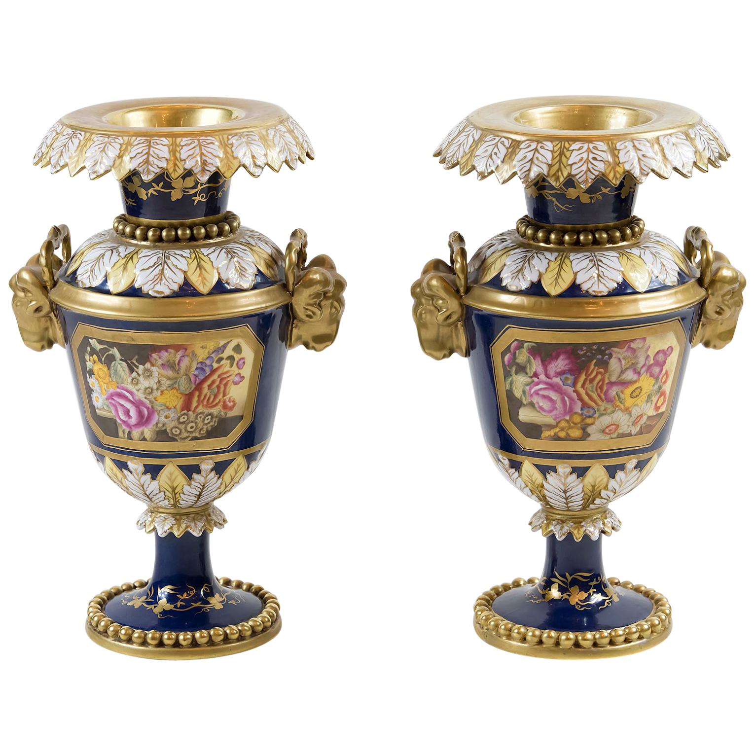 Pair of Sèvres Style French Porcelain Cobalt Blue Vases with Handmade Decor