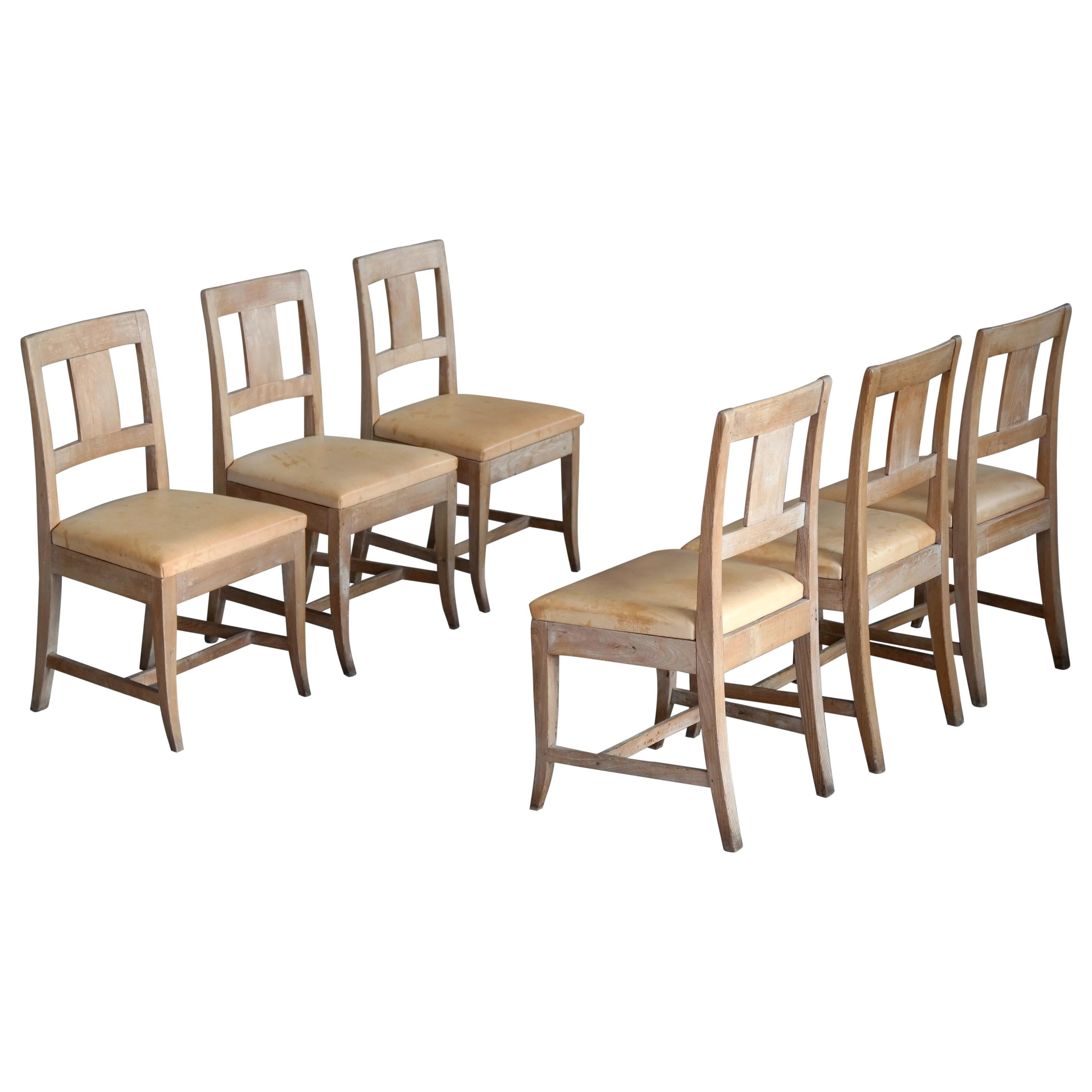Set of Six Danish Country-Style Dining Chairs in Elm and Natural Leather